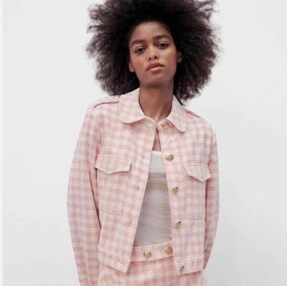 Zara Jackets & Blazers - ZARA Plaid Check Tweed‎ Cropped Jacket Women Size M Pink Textured Shacket